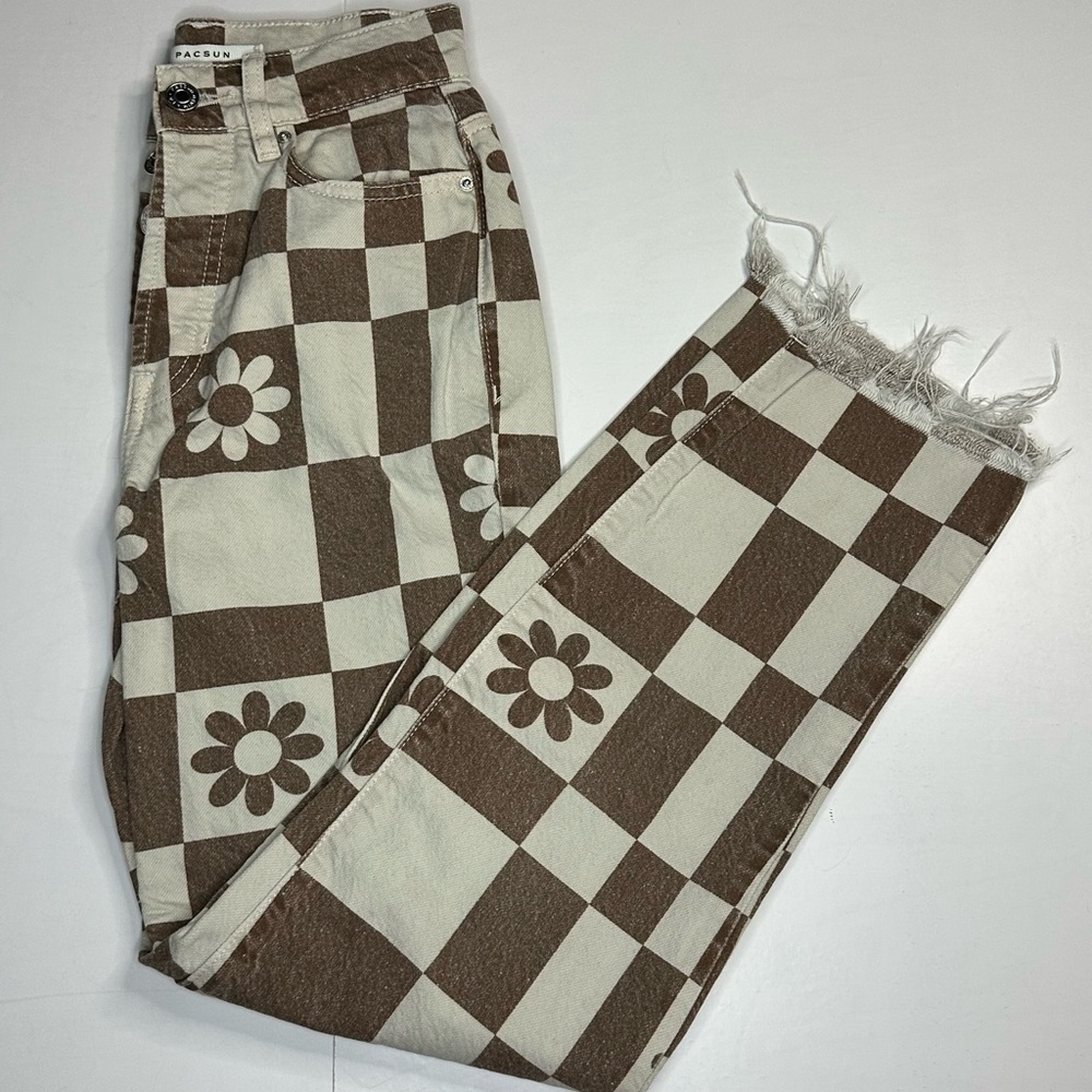 Pacsun Jeans Womens 22 Brown Flower Checkerboard High Rise Straight Pants Button